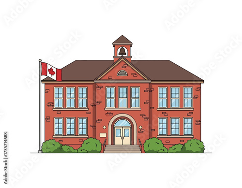 Vector illustration of a classic red brick schoolhouse with a Canadian flag flying high, perfect for educational and patriotic themes