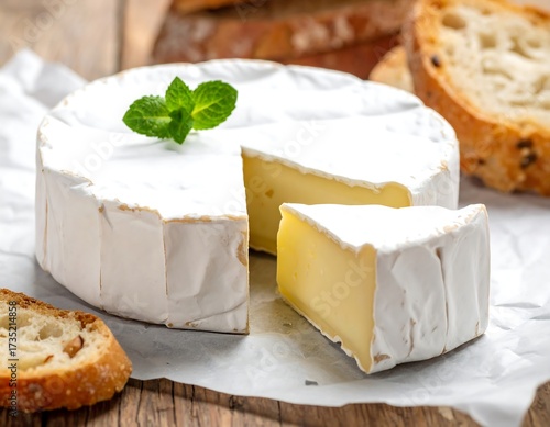 Round wheel of brie cheese with slices, accompanied by toasted bread