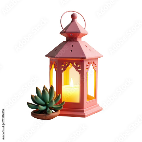The image presents a decorative, pink lantern with intricate cut-out designs, illuminated by a warm candle. A small potted succulent plant sits nearby, enhancing the composition.