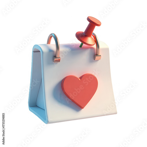 Romantic calendar illustration shows a heart symbol, pushpin and arched supports.
