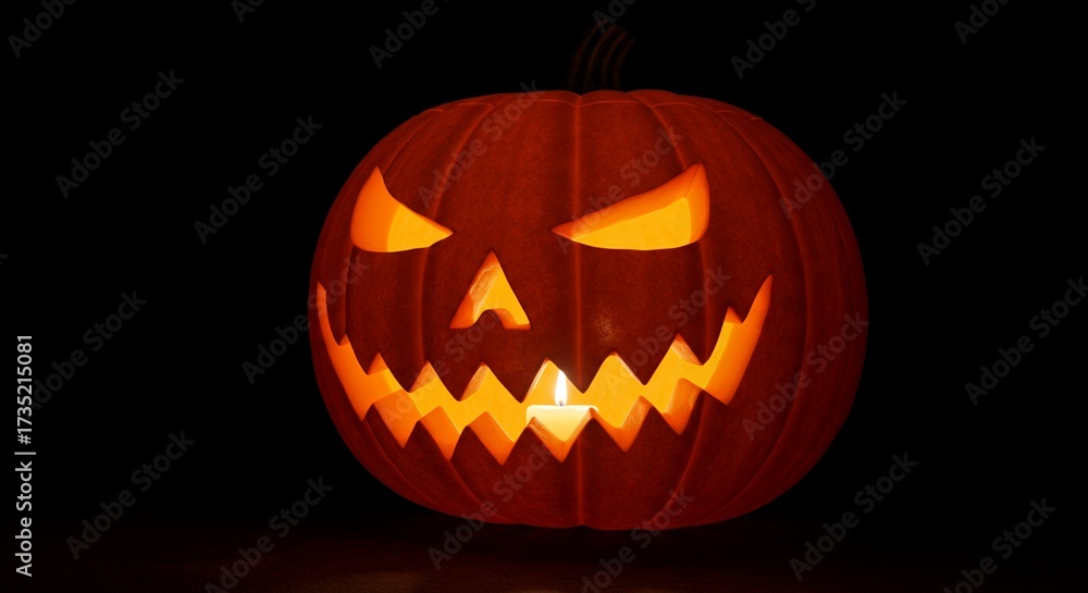 Naklejka premium Spooky carved pumpkin with glowing candle inside creates eerie Halloween night atmosphere perfect for celebrations and decorations