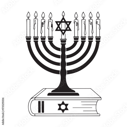 Black and white illustration of a menorah on top of a book with Star of David Hanukkah candle