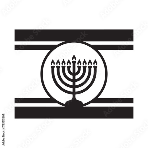 Black silhouette of a menorah within a circle superimposed on horizontal stripes hanukkah jewish