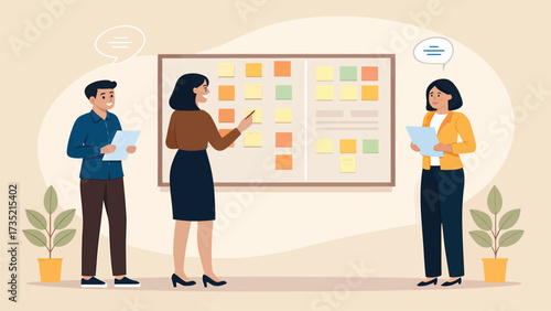 Business team planning project with sticky notes on board
