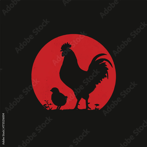 Rooster and Chick Silhouette Against Red Moon Minimalist Illustration Farm Animals Artwork Rural Landscape Design