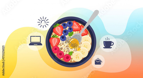 Healthy Breakfast Bowl with Fruits and Coffee, Laptop, Briefcase Icons for Work-Life Balance