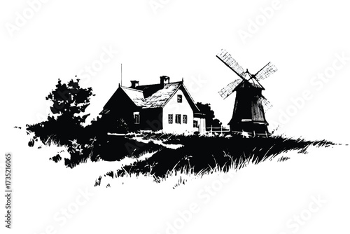 Rural landscape with a charming country house and a classic windmill in black and white
