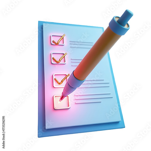 Detailed  depiction of a checklist with illuminated check marks and a pen, conveying concept of completion and task management against a solid black backdrop, demonstrating an illustrative and...
