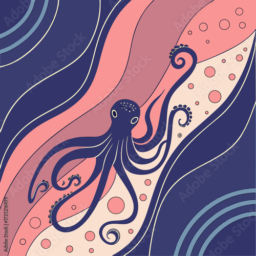 Whimsical deep sea dweller a stylized octopus amidst flowing waves and bubbles in a calming color palette