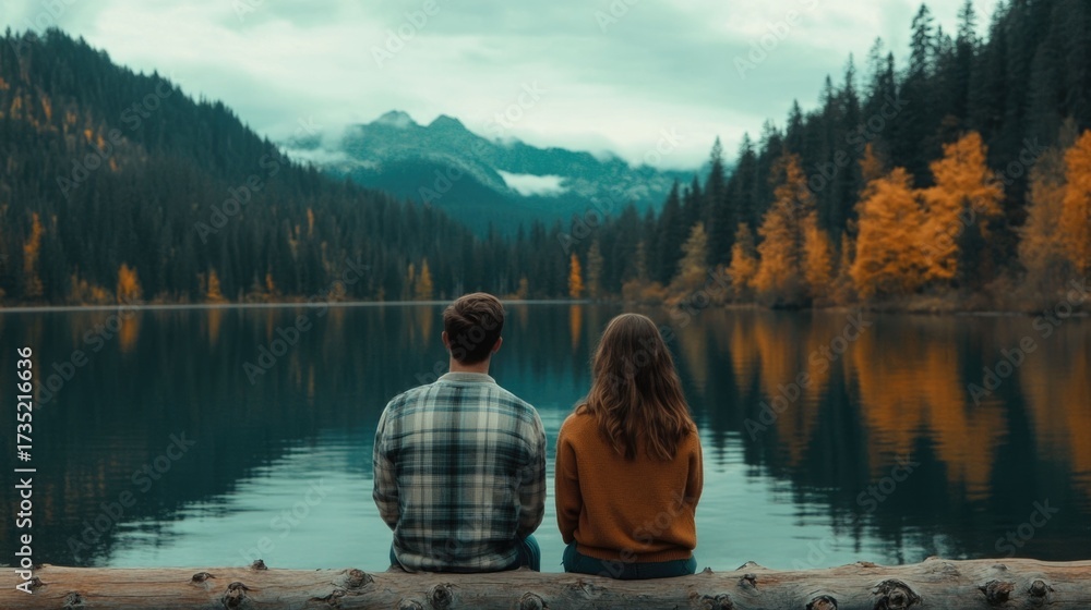 Obraz premium Serene Lakeside Retreat Couple Sitting on a Log Enjoying a Quiet Moment by the Tranquil Autumn Hued Lake Surrounded by Majestic Forest and Mountains