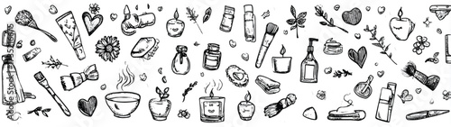 Sketched beauty and spa collection with skincare cosmetics aromatherapy tools and organic elements for wellness