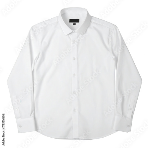 Crisp white dress shirt displayed on a black background showcases its clean lines and classic style, perfect for business attire or formal occasions.