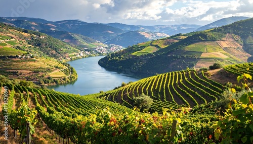 Vineyards Landscape with River, Hills, and City in Sunny Portugal