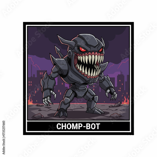 Mini skeletal robot with exposed bones and glowing chest core, creepy futuristic vector design.