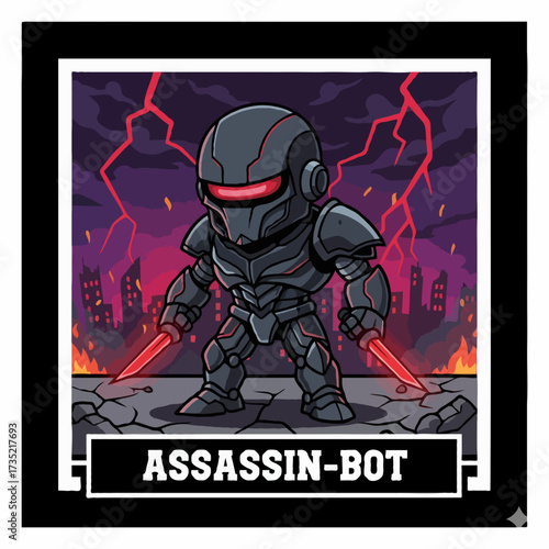 Small insectoid villain robot with multiple glowing eyes and sharp legs, vector futuristic style.