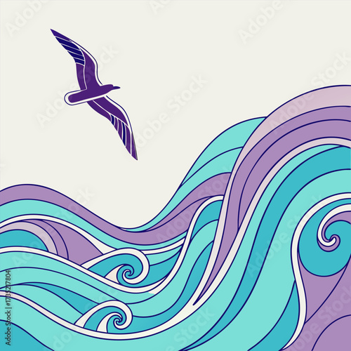 Stylized purple seagull soars above gentle turquoise and lavender waves in a minimalist aquatic scene
