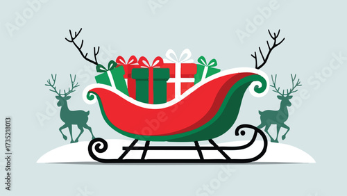 Santa sleigh with gifts, simple flat illustration with reindeer silhouettes