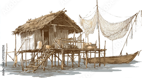 Traditional stilt house with thatched roof and fishing nets in a peaceful river village setting evoking history