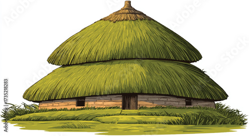 Traditional Two Story Thatched Roof House with Stone Foundation in a Rural Setting Vector Illustration Style