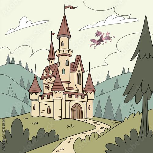 A whimsical cartoon castle stands majestically on a hill with a winged horse soaring through the sky above the enchanting landscape
