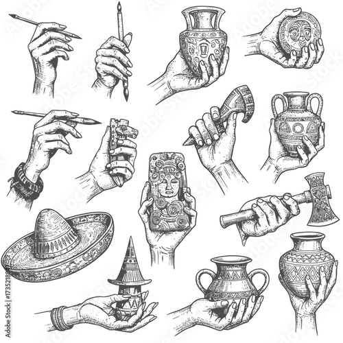 Various Hands Holding Ancient Artifacts