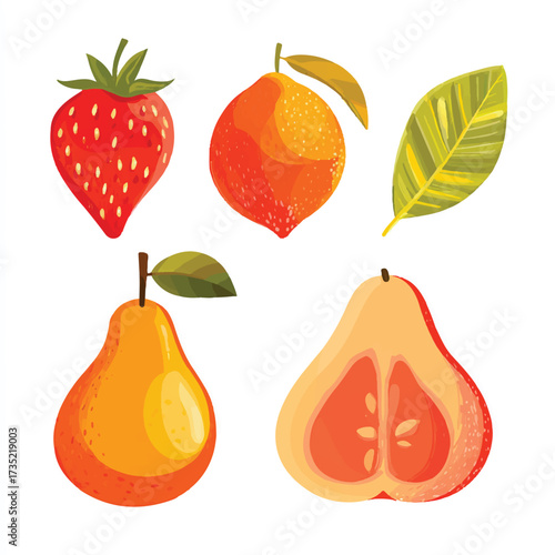 Vibrant fruit vector illustration featuring a strawberry an orange pears and a leaf on a white background
