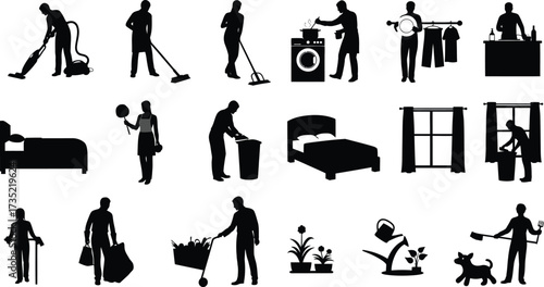 Silhouette of people doing housework, cleaning, washing and gardening