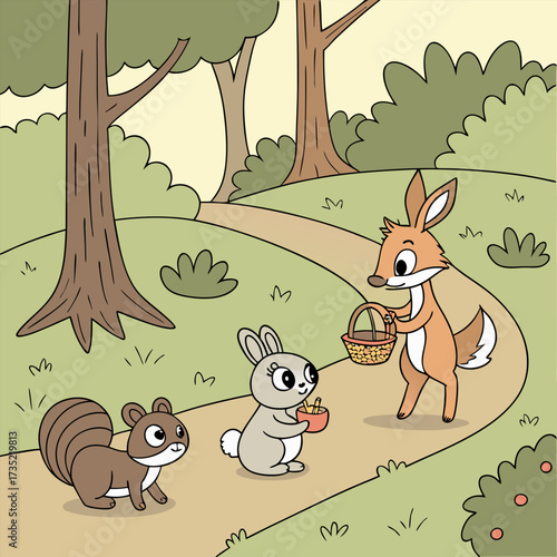 Friendly woodland creatures a fox a rabbit and a squirrel share a delightful moment on a forest path with a basket of treats