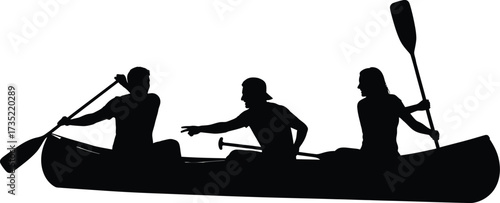 Silhouette of three people paddling a canoe the water, enjoying a recreational activity