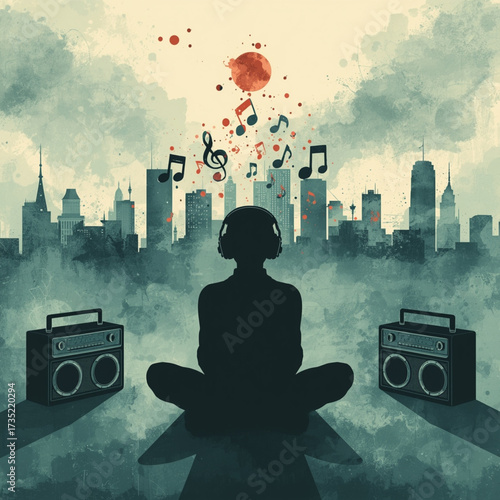 Person meditating with headphones and boomboxes in a cityscape