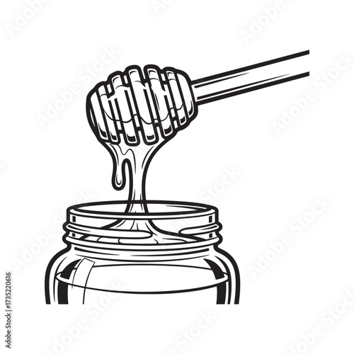 Hanukkah Line art drawing of a honey dipper with dripping honey over an open jar on a white background