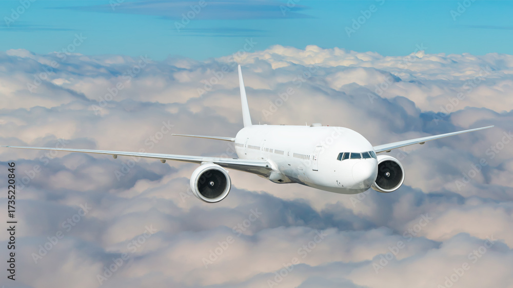 Obraz premium White passenger airplane flying in the sky amazing clouds in the background - Travel by air transport