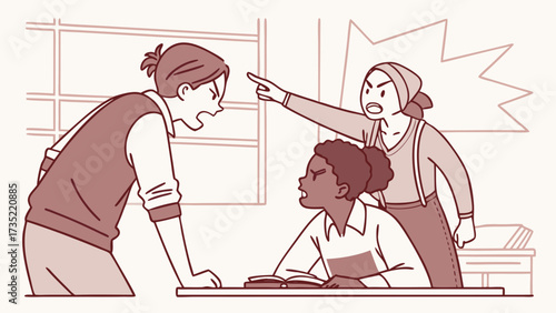 Flat 2D vector group of students quarreling in classroom with emotional expressions in minimal style