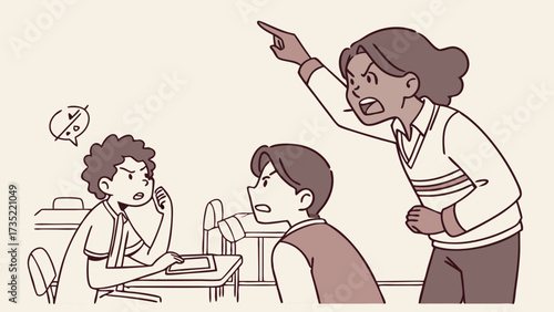 Flat 2D vector group of students quarreling in classroom with emotional expressions 
