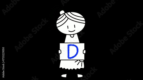 Girl Stickman illustration Animation with Letter D Sign