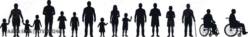 Silhouette vector illustration of family generations, children, adults, seniors, elderly with cane, disabled person, wheelchair user, inclusive community, life stages