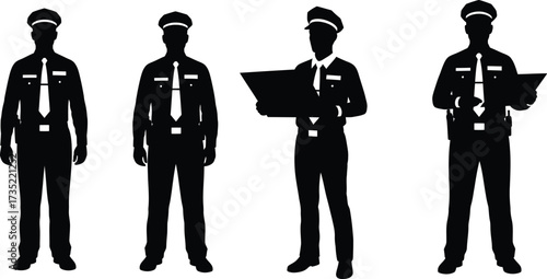 Silhouette of various security guard in uniform standing at attention, holding document and patrolling
