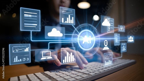 Person typing rapidly on keyboard with dynamic blue holographic AI data streams and icons representing charts, documents, laptop, cloud security, and user groups emerging from screen