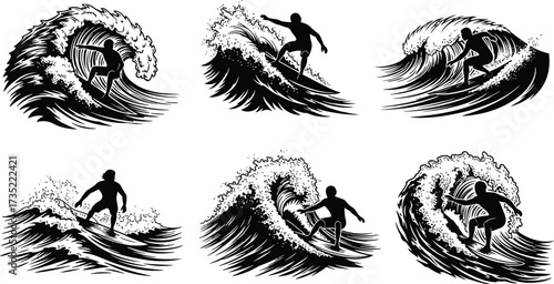 Silhouette of a surfer riding a wave vector illustration of surfing, water sport and ocean activity