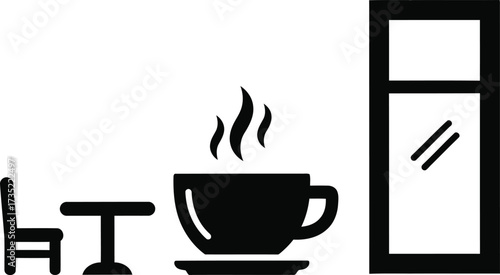 Simple icon of a coffee cup table chair and window