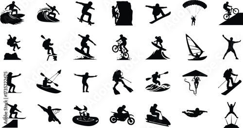 Collection of extreme sport icons featuring surfing, skateboarding, climbing, snowboarding, and paragliding