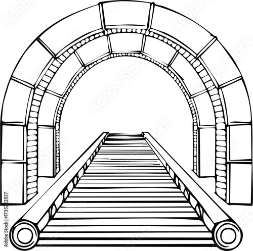 Stylized line art illustration of an archway leading into a structured pathway, depicting concepts of entry, progression, or a foundational stage in a journey or process