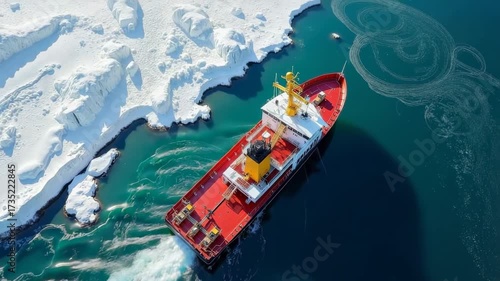 Aerial view of red icebreaker ship navigating through icy waters near snowy Arctic coast. Strong vessel breaking ice creates striking winter landscape, perfect for polar expedition themes.