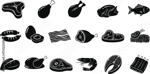 Collection of meat and fish silhouettes set of different food in black silhouette