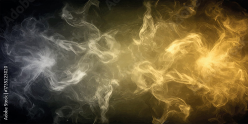 Ethereal wisps of smoke or gas in contrasting colors of cool white and warm golden yellow swirl and intertwine against a dark, moody background