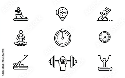 Workout Icons Set Demonstrating Fitness Activities and Timing for Health Wellbeing and Lifestyle Choices Black and White