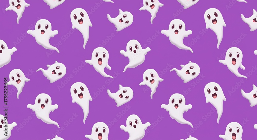 Fototapeta premium Playful white cartoon ghosts dance across a vibrant purple background, perfect for Halloween celebrations and festive designs