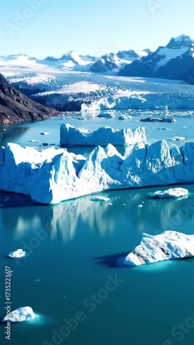 Panoramic Aerial View of Majestic Icebergs Drifting in a Turquoise Glacial Lake