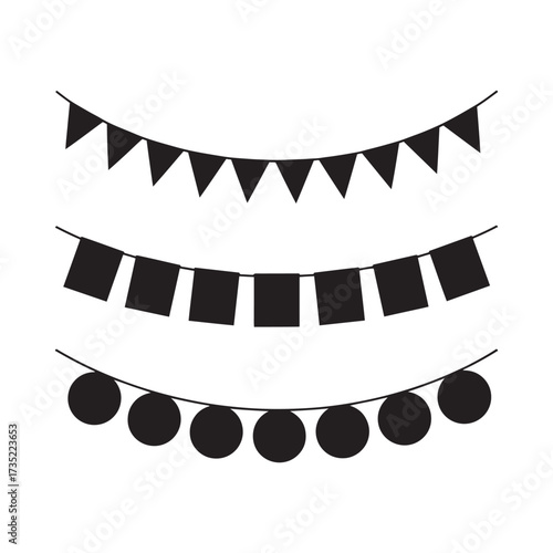 Hanukkah Three rows of black silhouette party banners in different shapes on white background celebration