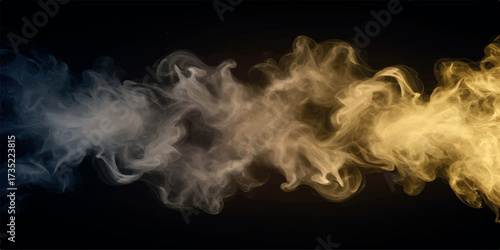 Wisps of smoke or vapor in contrasting colors, ethereal bluegrey and bright yelloworange, flowing against a dark background, abstract energy flow